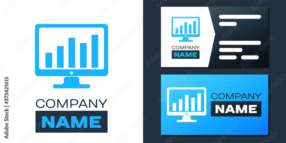 Poster logotype computer screen with financial charts and graphs icon isolated on white background. chart b