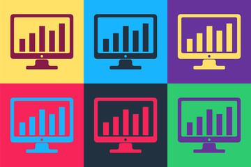 Pop art Computer screen with financial charts and graphs icon isolated on color background. Chart bars and financial analytics. Vector.