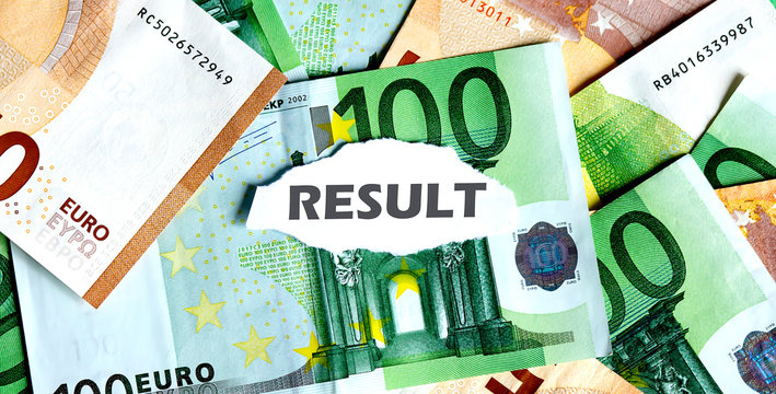 Focus on the word RESULT , on piece of torn white paper with EUROS currency as a background. - Powered by Adobe