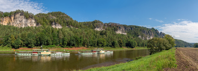 Blick vom Elbufer auf die wunderschönen Sandsteinfelsen zwischen Rathen und Wehlen im...