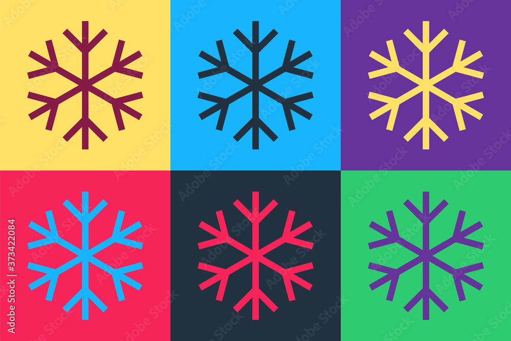 Poster pop art snowflake icon isolated on color background. vector.