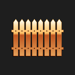 Gold Fence wooden icon isolated on black background. Garden fence sign. Long shadow style. Vector.
