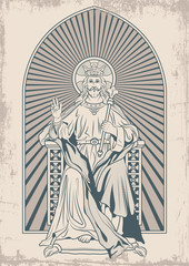 Fototapeta na wymiar God on Throne, Medieval Engraving Art Style, Jesus Christ and Scepter, Grunge Texture Pattern, Old Paper Style 