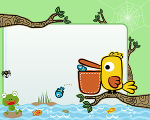 frame border of pelican cartoon with fishes for kids party invitation card template.