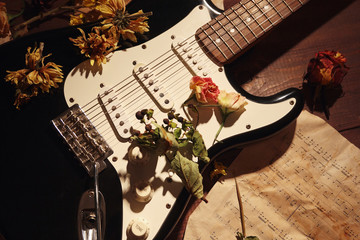 Dried flowers on electric guitar and rare sheet music close up.