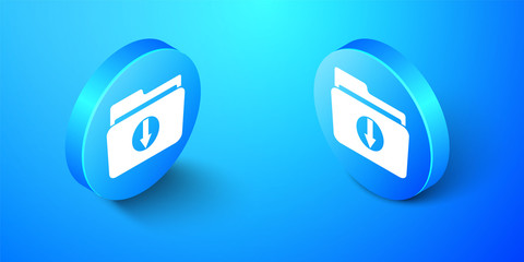 Isometric Folder download icon isolated on blue background. Blue circle button. Vector.