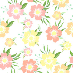 Simple floral pattern with flowers and leaves on a white background. Vector illustration.