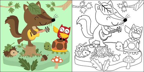 vector cartoon of woodland animals cartoon singing together, coloring book or page