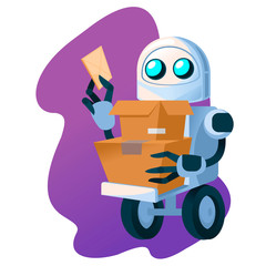 Cartoon Color Delivery Robot Character with Box. Vector
