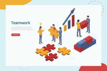 Teamwork, Team Support, Partnership, Cooperation, Business Concept. Business Colleagues, Managers, Partners, Coworkers Collaborate And Collect Jigsaw Puzzle Together. 3d Isometric Vector Illustration