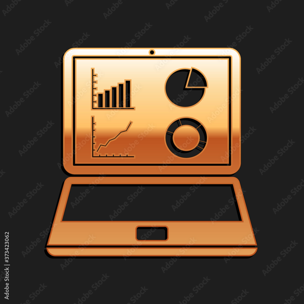 Poster gold laptop with graph chart icon isolated on black background. report text file icon. accounting si