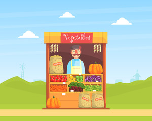 Vegetable Local Farmer Market with Fresh Natural Organic Products on Counter, Street Shop, Male Seller Selling Fresh Vegetables Vector Illustration