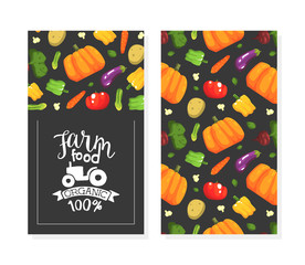 Organic Farm Food Card Template, Flyer, Poster, Invitation with Fresh Ripe Organic Vegetables Pattern Vector Illustration