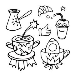 Tea Cup and coffee Cup in space style. Cupcakes and croissants in space. Banner for cafes, restaurants, and menus. Cafe in outer space. Rocket carrier of coffee and tea. Corporate identity for the caf