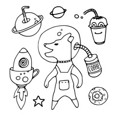 Tea Cup and coffee Cup in space style. Cupcakes and croissants in space. Banner for cafes, restaurants, and menus. Cafe in outer space. Rocket carrier of coffee and tea. Corporate identity for the caf