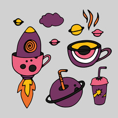 Tea Cup and coffee Cup in space style. Cupcakes and croissants in space. Banner for cafes, restaurants, and menus. Cafe in outer space. Rocket carrier of coffee and tea. Corporate identity for the caf