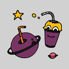 Tea Cup and coffee Cup in space style. Cupcakes and croissants in space. Banner for cafes, restaurants, and menus. Cafe in outer space. Rocket carrier of coffee and tea. Corporate identity for the caf