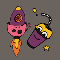 Tea Cup and coffee Cup in space style. Cupcakes and croissants in space. Banner for cafes, restaurants, and menus. Cafe in outer space. Rocket carrier of coffee and tea. Corporate identity for the caf