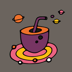 Tea Cup and coffee Cup in space style. Cupcakes and croissants in space. Banner for cafes, restaurants, and menus. Cafe in outer space. Rocket carrier of coffee and tea. Corporate identity for the caf