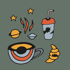 Tea Cup and coffee Cup in space style. Cupcakes and croissants in space. Banner for cafes, restaurants, and menus. Cafe in outer space. Rocket carrier of coffee and tea. Corporate identity for the caf