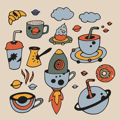 Tea Cup and coffee Cup in space style. Cupcakes and croissants in space. Banner for cafes, restaurants, and menus. Cafe in outer space. Rocket carrier of coffee and tea. Corporate identity for the caf