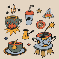 Tea Cup and coffee Cup in space style. Cupcakes and croissants in space. Banner for cafes, restaurants, and menus. Cafe in outer space. Rocket carrier of coffee and tea. Corporate identity for the caf