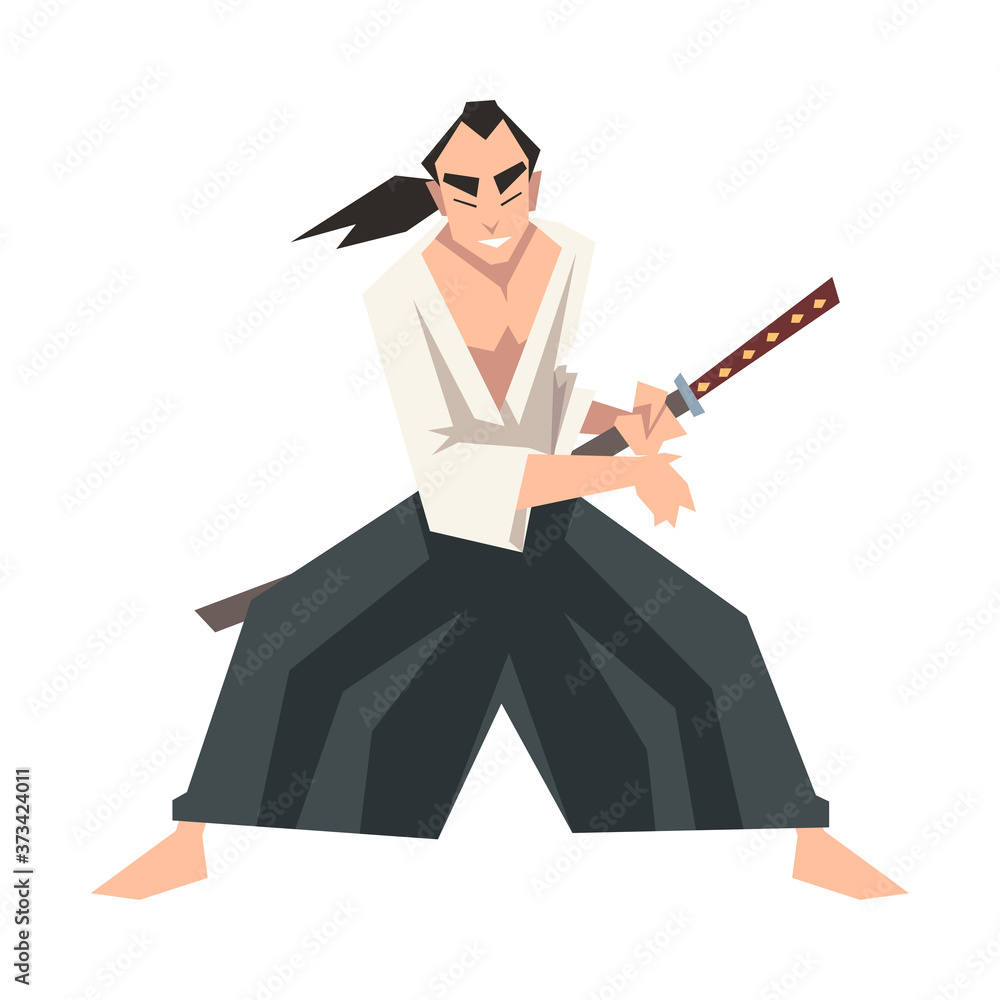 Wall mural Brave Japanese Warrior Man with Katana and Hakama Vector Illustration