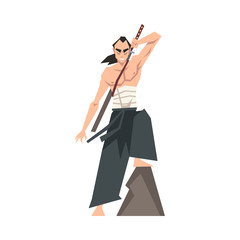 Brave Japanese Warrior Man with Katana and Hakama Vector Illustration