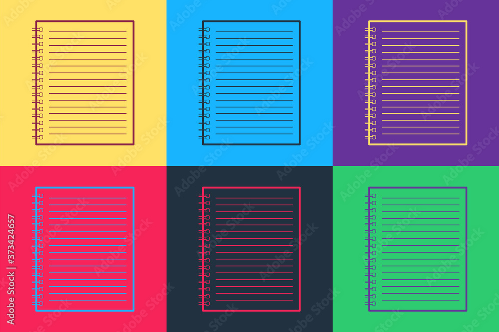 Poster pop art notebook icon isolated on color background. spiral notepad. school notebook. writing pad. no