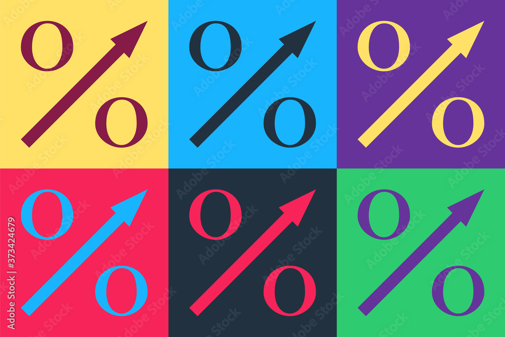 Poster pop art percent up arrow icon isolated on color background. increasing percentage sign. vector.