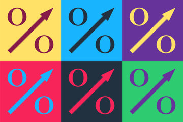 Pop art Percent up arrow icon isolated on color background. Increasing percentage sign. Vector.