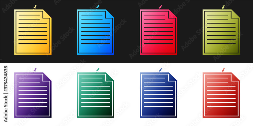 Poster set note paper with pinned pushbutton icon isolated on black and white background. memo paper sign. 