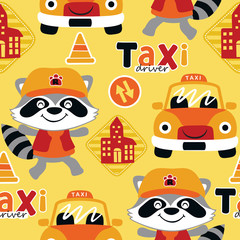Seamless pattern vector of funny raccoon cartoon with taxi