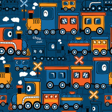 Seamless pattern vector of funny steam train cartoon