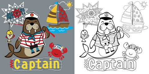 Fototapeta premium coloring book or page with seal the funny sailor cartoon, sailing theme cartoon
