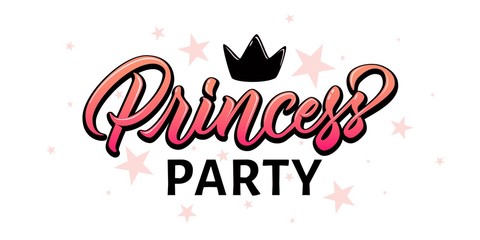 Princess party - modern hand lettering design in pink and black colors with crown. Isolated white background with light stars. Design for newbord baby girl cards, t-shirts aso. Vector.