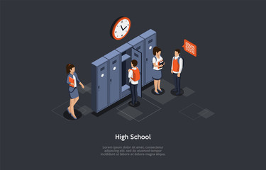 Studying And Education Concept. High School Break Isometric Composition. Male And Female Characters Of Students Communicate In Hallway During Time Of Break. Colorful 3d Isometric Vector Illustration