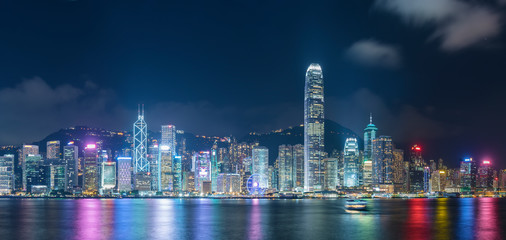 Panorama of night scenery of Victoria Harbor in Hong Kong city