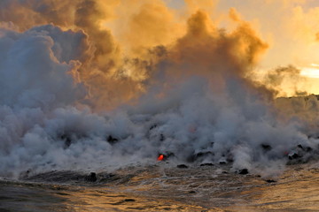 Lava flowing into the ocean from lava volcanic eruption on Big Island Hawaii, USA.