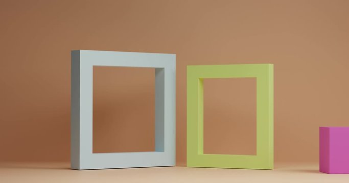3d scene. Volumetric frames falling on the table, balls and a rectangle in pastel colors