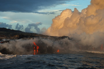 Lava flowing into the ocean from lava volcanic eruption on Big Island Hawaii, USA.