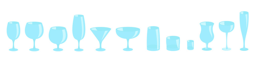 Set of glasses with drinks. Beverage glassware kit. Cocktail glasses. Horizontal banner. Flat vector blue color illustration. Different types.