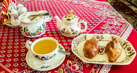 Cup of tea with pies. Breakfast in traditional Russian style. Russia