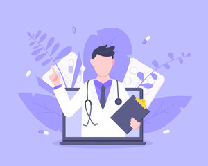 Online doctor medical service concept with doctor in the laptop vector illustration. Telemedicine web consultation for patients health care check ups and taking medicine prescription pills.
