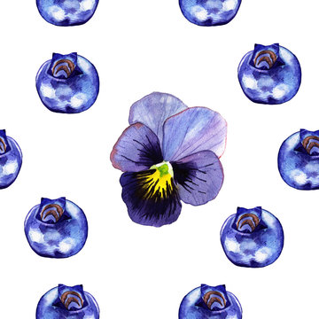 Seamless pattern with pancy and blueberry isolated on white background 