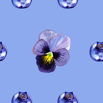 Seamless pattern with pancy and blueberry isolated on violet background