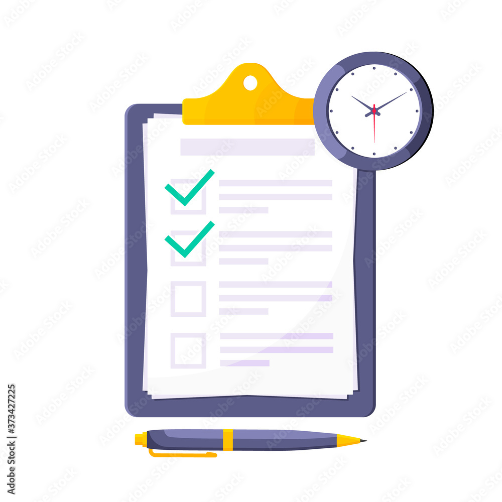 Poster clipboard with complete checklist flat style design icon sign vector illustration isolated on white 
