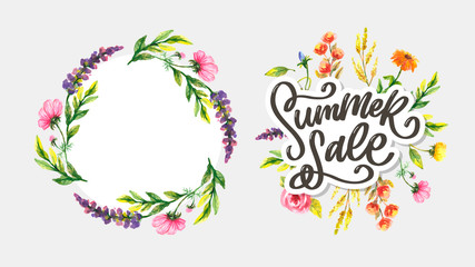 Trendy floral vector template. Summer flowers and Summer sale lettering illustration. Shabby gold texture on striped background.