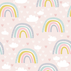 Rainbow, hand drawn backdrop. Colorful seamless pattern with clouds, hearts. Decorative cute wallpaper, good for printing. Overlapping colored background vector. Design illustration