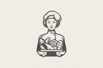 Woman baker in chef uniform with container of fresh buns work in bakery hand drawn stamp effect vector illustration.